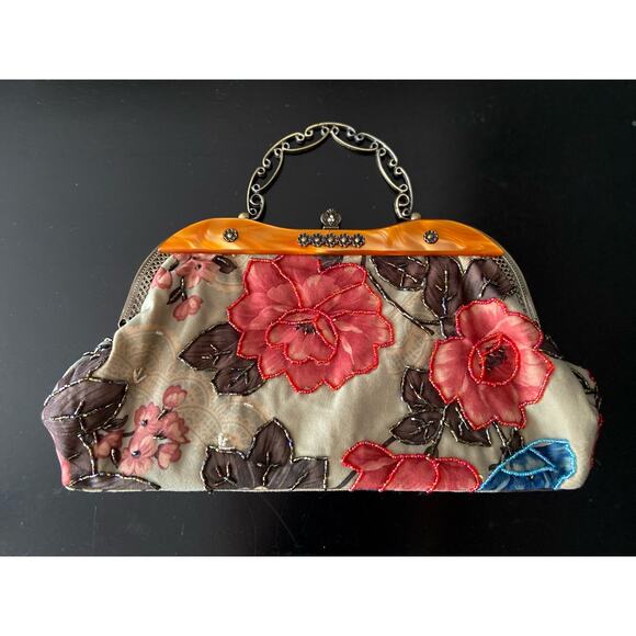 Vintage Floral Handbag w/Chain Strap & Mother-of-Pearl Trim - Picture 1 of 16